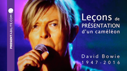Photographie de David Bowie avec le texte : Leçons de présentation d'un caméléon